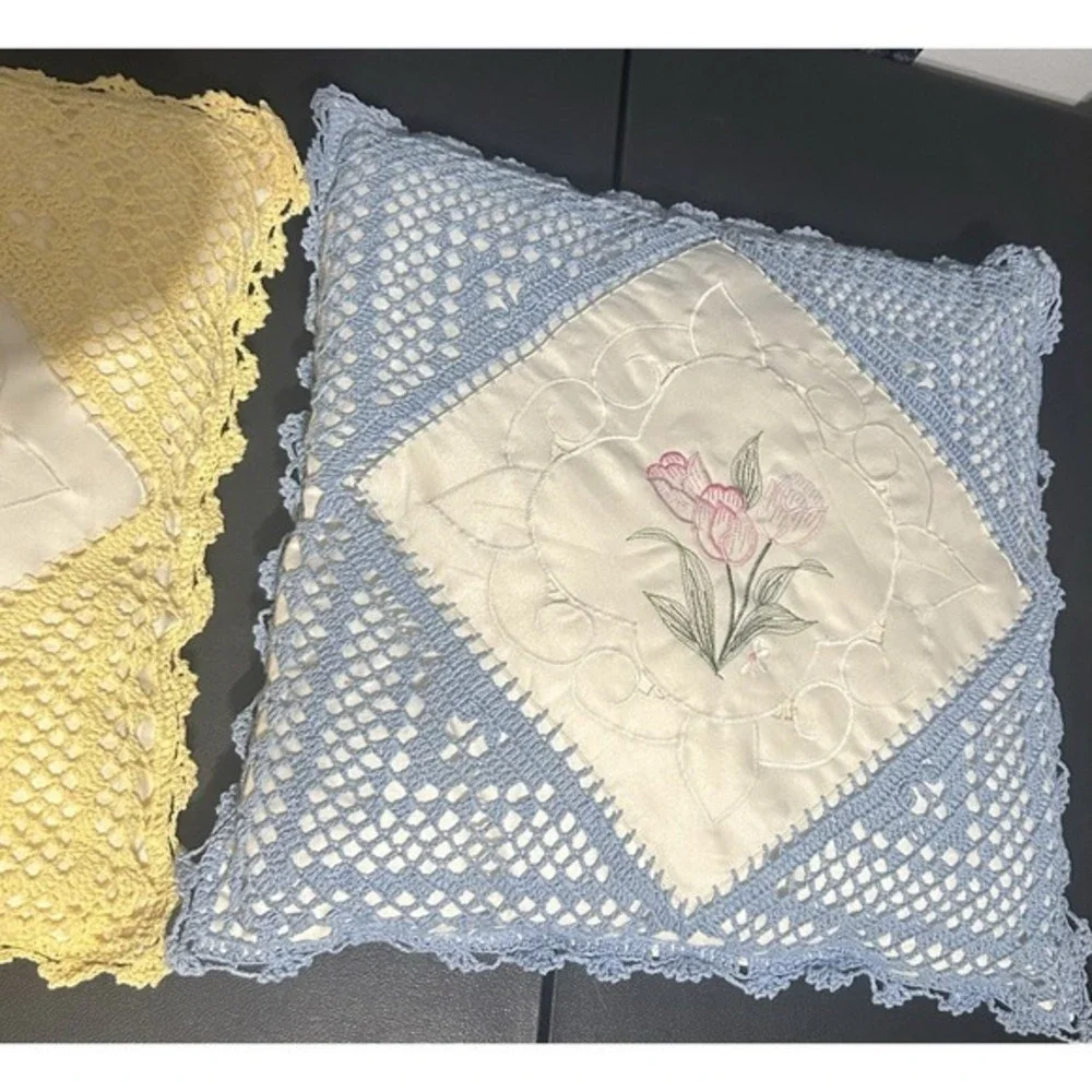 2-PC Vintage Crocheted Embroidered Handmade Pillows Flower Design Blue &‎ Yellow